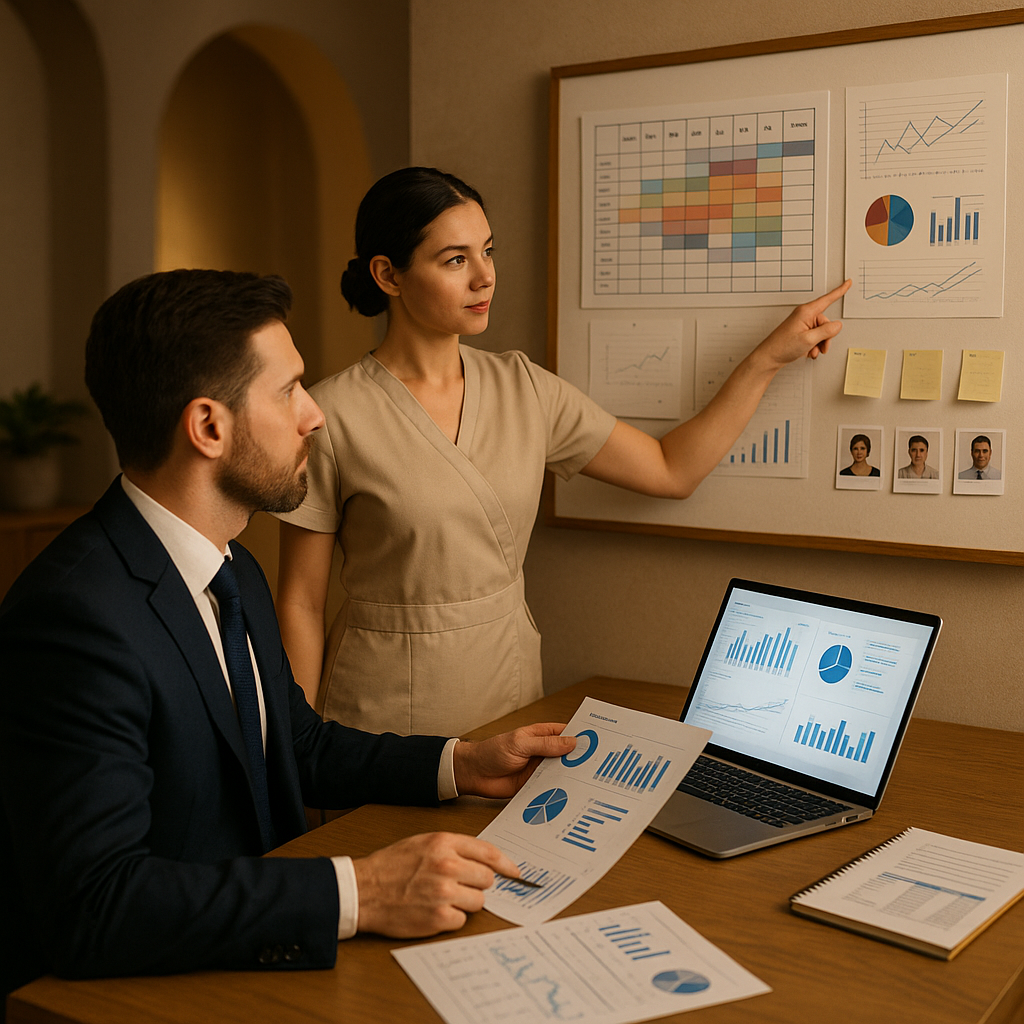Spa manager y recepcionista revisan gráficos y calendario para planificar turnos basados en KPIs en una oficina del spa