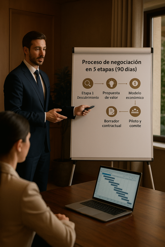 Consultor de spa presenta en una sala el proceso de negociación en 5 etapas con un cronograma de 90 días, junto a un portátil con diagrama de Gantt.