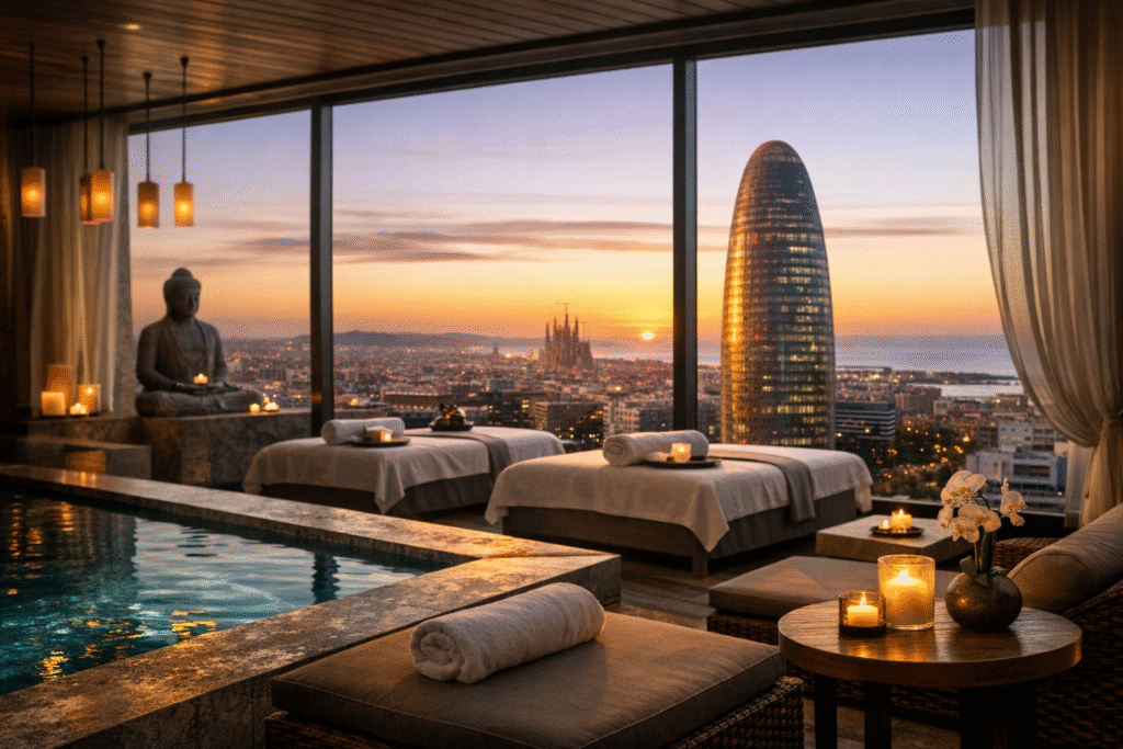 Spa de hotel de lujo con piscina interior, camillas de masaje y vistas panorámicas de Barcelona al atardecer.