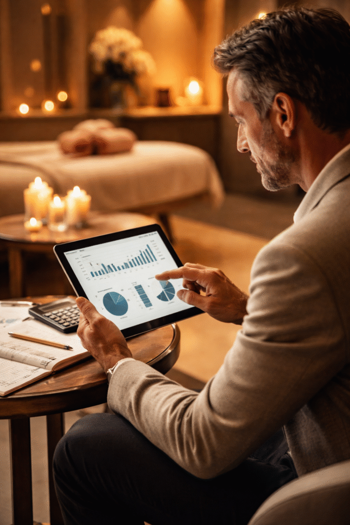 Manager de spa revisando gráficos de rentabilidad en una tablet dentro de un spa de hotel de lujo.