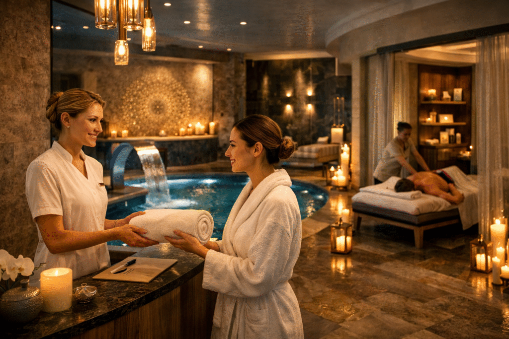 Recepción en spa de hotel de lujo con clienta, piscina interior y zona de tratamiento en un entorno wellness premium.