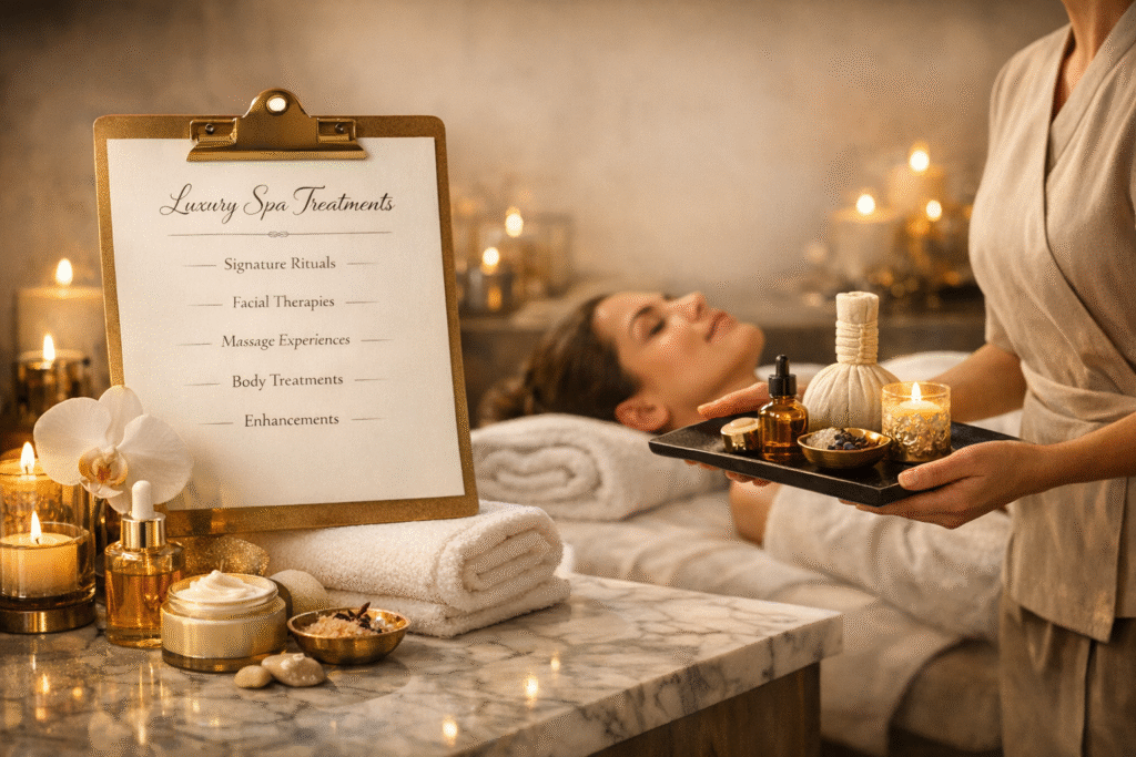 Menú de tratamientos de un spa de hotel de lujo junto a productos wellness y una experiencia de tratamiento premium.