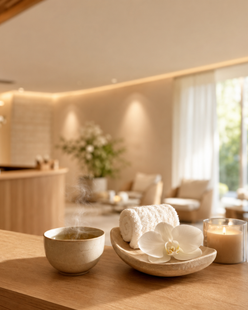Recepción de spa de lujo con té, flor de orquídea y vela encendida