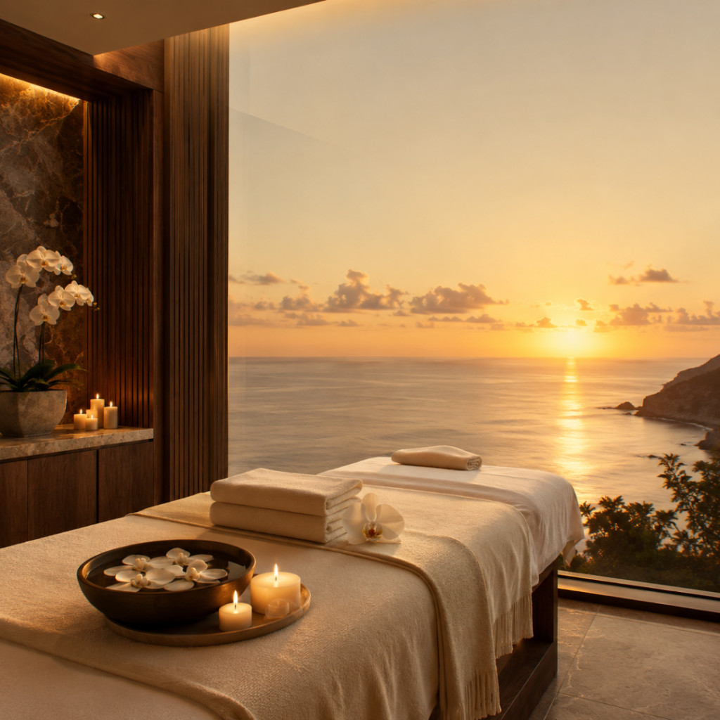 Cabina de masaje de lujo con vistas al mar al atardecer